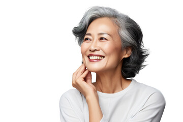 Happy middle aged mature asian woman, senior older 50 year lady looking at camera touching her face...