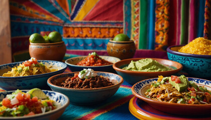Fototapeta na wymiar A vibrant colorful background adorned with traditional Mexican tableware like Talavera plates, clay pots, and colorful