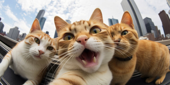 several cats taking selfies in front of the city, generative AI