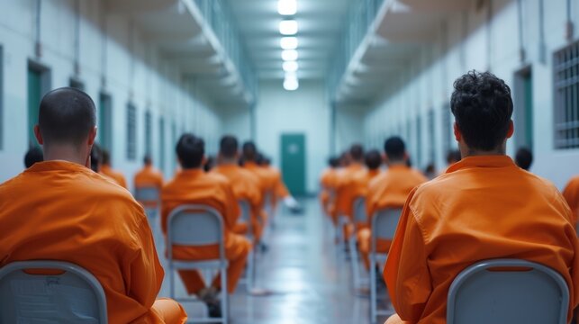 A group of men in orange prison uniforms sitting on chairs, AI
