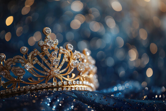 Beauty pageant blue background, tiara with copy space