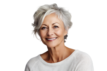 Happy middle aged woman, senior older 50 year lady looking at camera touching her face isolated on white close up face portrait