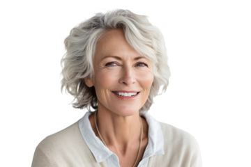 Happy middle aged woman, senior older 50 year lady looking at camera touching her face isolated on white close up face portrait
