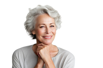 Happy middle aged woman, senior older 50 year lady looking at camera touching her face isolated on...