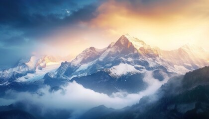 Obraz premium Magnificent snow-capped mountains, dreamy scenery, white and dark brown. Generative AI.