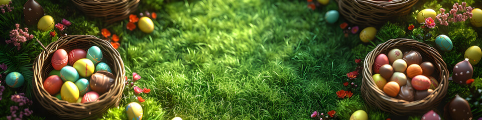 Obraz premium Colorful Easter chocolate eggs in nest and candies in green grass. Easter hunt concept. Spring background for design greeting card, banner, poster, flyer. Flat lay, top view with copy space