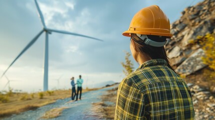 Wind turbine : Investors and technician standing in talks about wind turbine power generation. Scene set Wind turbine farm on background. an alternative electricity source for business ideas