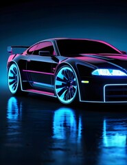 Futuristic Blue Neon Car Scene - Auto Design in Luminescent Shades - Background with Empty Copy...