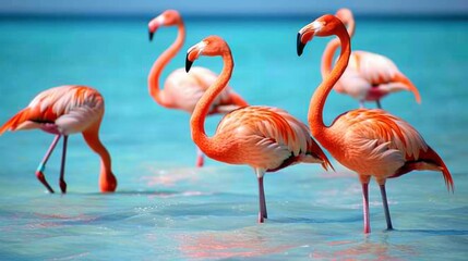Flock of Pink Flamingos in Shallow Shimmering Lagoon AI Generated.