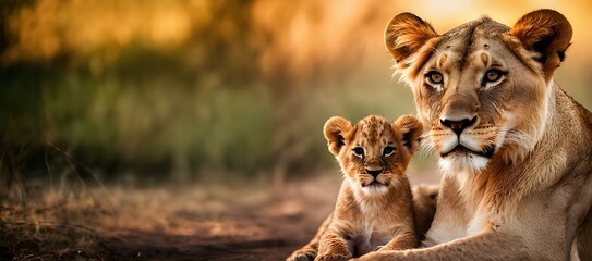  Lion cub with his mother in his habitat. animal with copy space