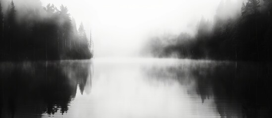 Serene black and white photo of a breathtakingly beautiful, secluded lake surrounded by nature's tranquility
