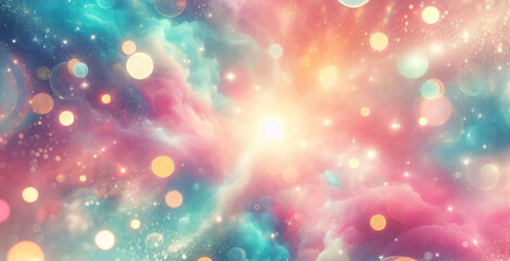 Lila Einhorn-Hintergrund. Pastellfarbener Aquarellhimmel mit Glitzersternen und Bokeh. Fantasy-Galaxie mit holografischer Textur. Magischer Marmorraum.	