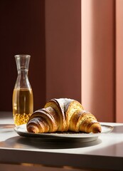 croissant on a plate.Breakfast with croissant and orange juice.