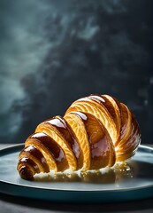 croissant on a plate.Dark chocolate croissants with nut and flower of salt on top in vintage dark stone background. Tasty and freshly croissants.
