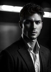 portrait of a man.A black and white image of a handsome young man, his expression intense yet sophisticated, against a timeless grayscale backdrop.