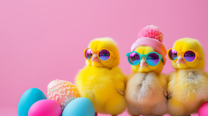 A Group of Funny Chicks with Easter Eggs
