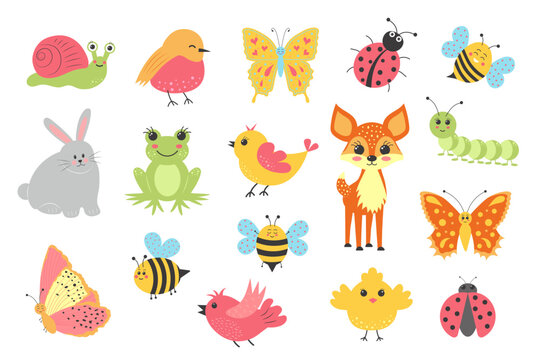 Cute spring animals set. Insects, birds and animals found in nature. Cartoon flat vector illustration.