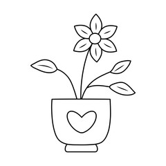 Doodle flower in a pot with heart. Cute decorative domestic houseplant. Vector linear illustration.