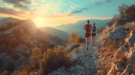 Young people trail running on a mountain path. Two runners working out in the morning at sunrise in nature - obrazy, fototapety, plakaty