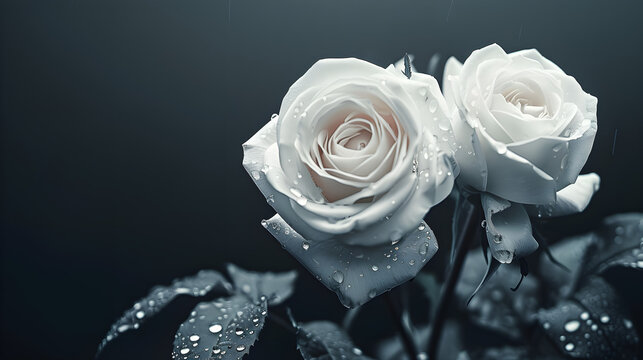 White roses on black background, web banner. Mourning moody flowers card. Funeral symbol of grief. Mood and Condolence card concept, Generative Ai