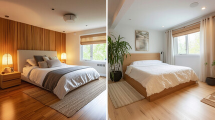 A before and after comparison of a bedroom renovation with the new design incorporating sustainable bamboo flooring and organic cotton bedding recommended by Sustainable Building - obrazy, fototapety, plakaty