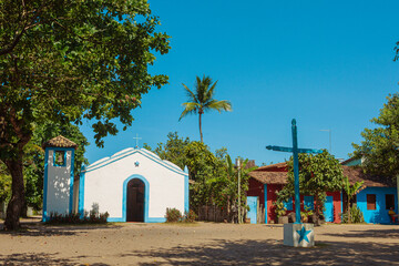 Caraíva, Porto Seguro - Ba. Historic Church of São Sebastião seen from the front, on a sunny day