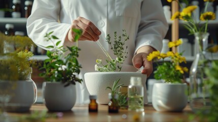 Scientist or doctor making alternative medicine herb in laboratory.