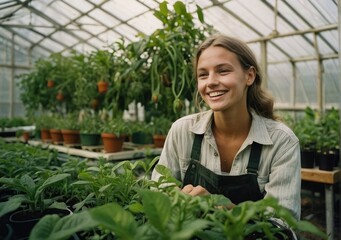 Joyful Woman Caring for Plants in a Lush Greenhouse Haven