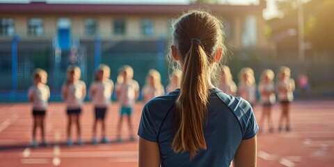 Female PE teacher instructing children in school gym from behind, Generative AI  - Powered by Adobe