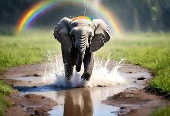 elephants splashing in a peddle with a rainbow overhead 