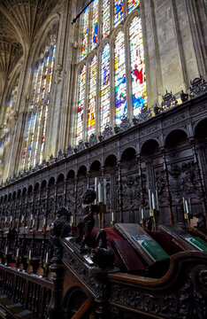The choir wooden benches in the King's college chapel. University of Cambridge. UK