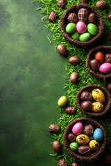 Colorful Easter chocolate eggs in nest and candies in green grass. Easter hunt concept. Spring background for design greeting card, banner, poster, flyer. Flat lay, top view with copy space