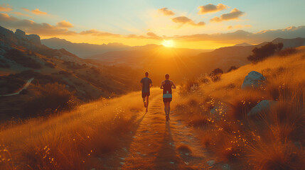 Obraz premium Young people trail running on a mountain path. Two runners working out in the morning at sunrise in nature