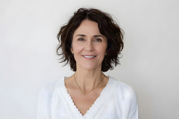 Portrait of happy mid 40s woman wear white sweeter looks in camera isolated on white background