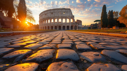 Colosseum during a quiet moment at sunset in Rome Italy, low angle view of the Colosseum at summer - Powered by Adobe