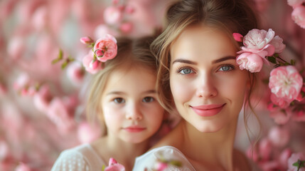 Obraz na płótnie Canvas portrait of a woman with flowers, mother and child, Mother day concept, mother day background
