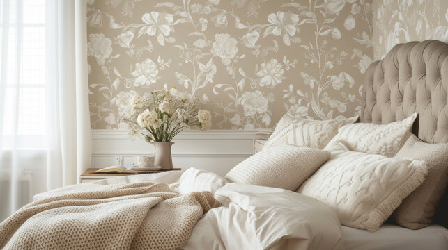 An elegant bedroom with intricate wallpaper featuring delicate floral patterns in soft neutral tones.