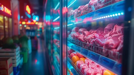 Fotobehang close up of a supermarket shelf with meat, Fully loaded shelves with meat in a large supermarket,eat less meat footprint concept © Fokke Baarssen