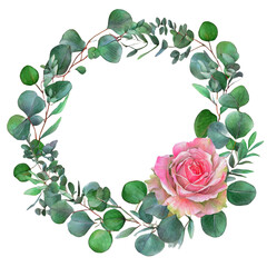 Watercolor floral frame with eucalyptus green leaves and branch isolated on white background. 