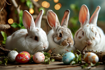Fototapeta na wymiar adorable bunny surrounded by vibrant Easter eggs . Generative AI