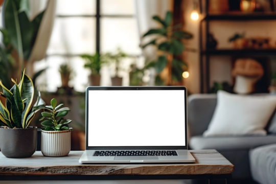 Laptop Screen Mockup on Wooden Desk, Living room Cozy Style - Powered by Adobe