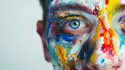 Expressive Face Painting with Colorful Paint Splatters AI Generated. - obrazy, fototapety, plakaty