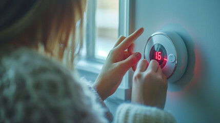 A woman sets the thermostat at the house, inflation high gas prices concept, or high energy bill inflation, Close Up Of Woman hand Adjusting Central Heating Temperature - obrazy, fototapety, plakaty