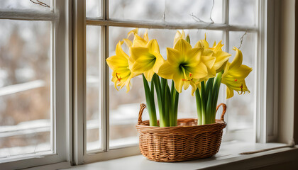 amaryllis in basket on windowsill. Beautiful yellow spring flowers.