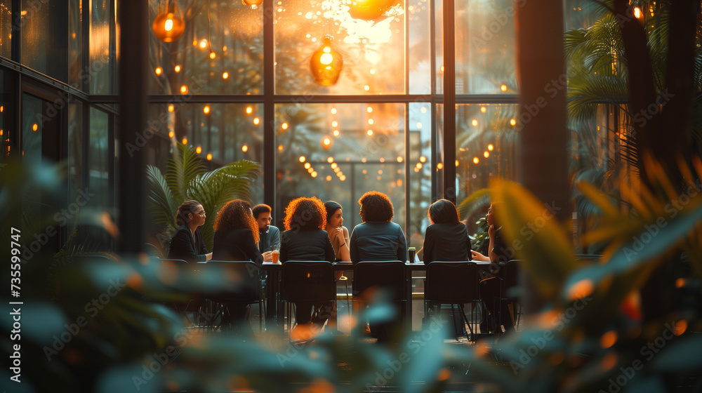 Wall mural businesspeople having a meeting in a transparent boardroom. Group of business professionals having a discussion during a briefing. Colleagues collaborating on a new project