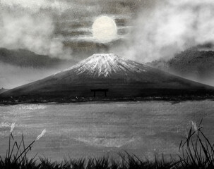 full moon and fuji japan mountains fog lake landscape. watercolor asian art painting. - 735599742