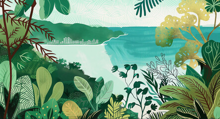Fototapeta na wymiar an illustration of an island paradise cove with beautiful foliage and flowers framing the scene