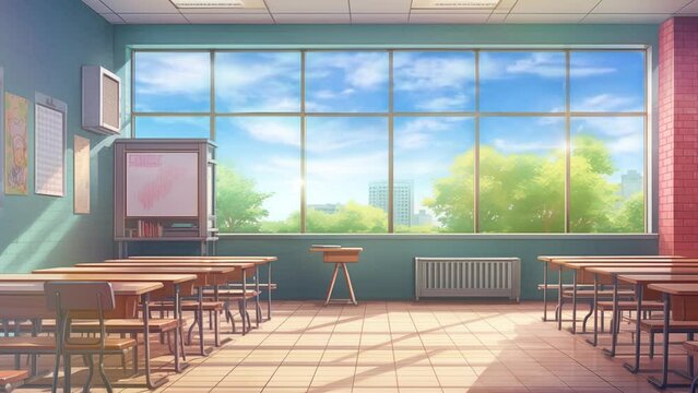 Animated illustration of a blackboard in a classroom with an educational theme. Digital painting or cartoon anime style, animated background. 4k loop background.