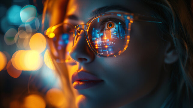 woman with glasses and reflection of computer code,It professional examining binary codes of computer virus