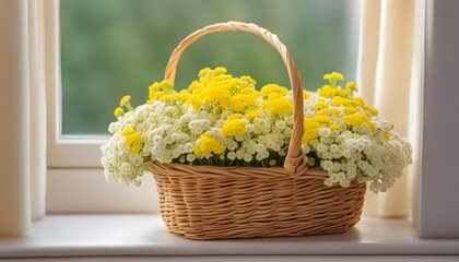 Fototapeta na wymiar Flowers white and yellow alyssum in basket on windowsill. 